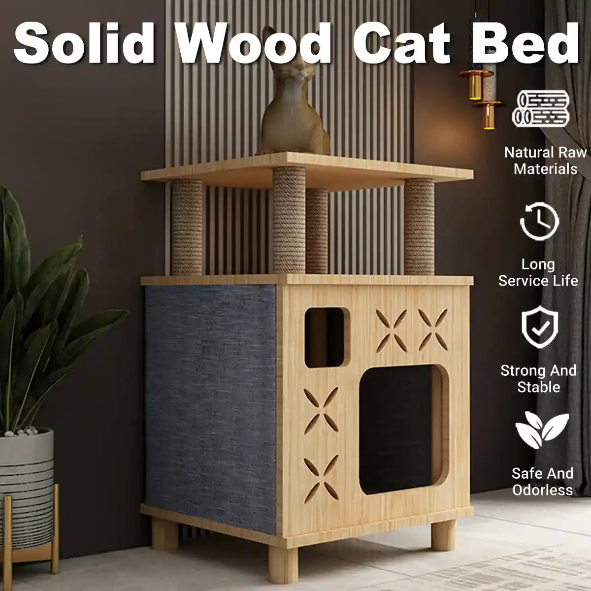 Solid Wood Cat Bed House with Climbing Platform Modern Pet Furniture