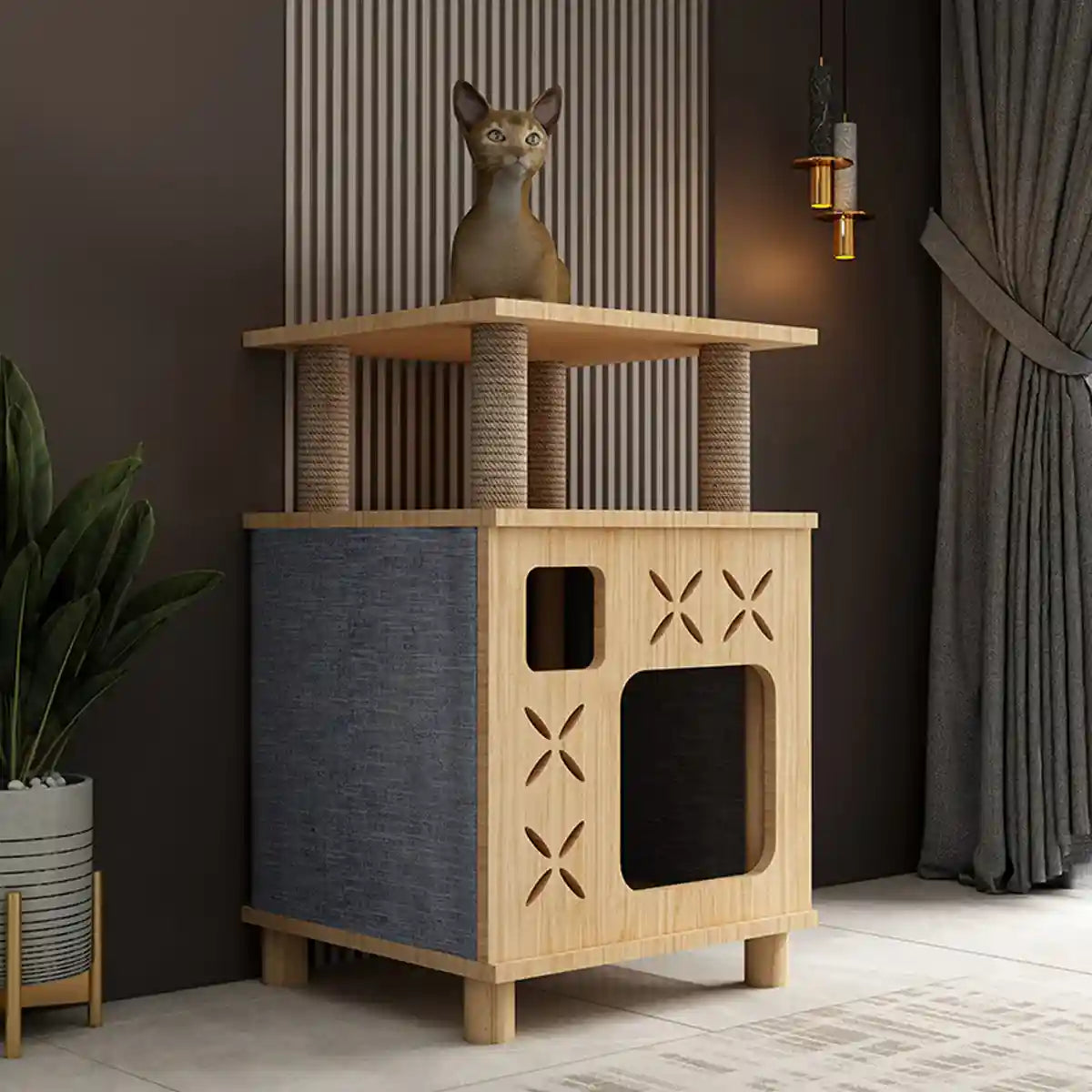 Solid Wood Cat Bed House with Climbing Platform Modern Pet Furniture