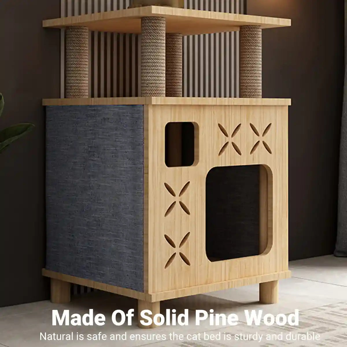 Solid Wood Cat Bed House with Climbing Platform Modern Pet Furniture