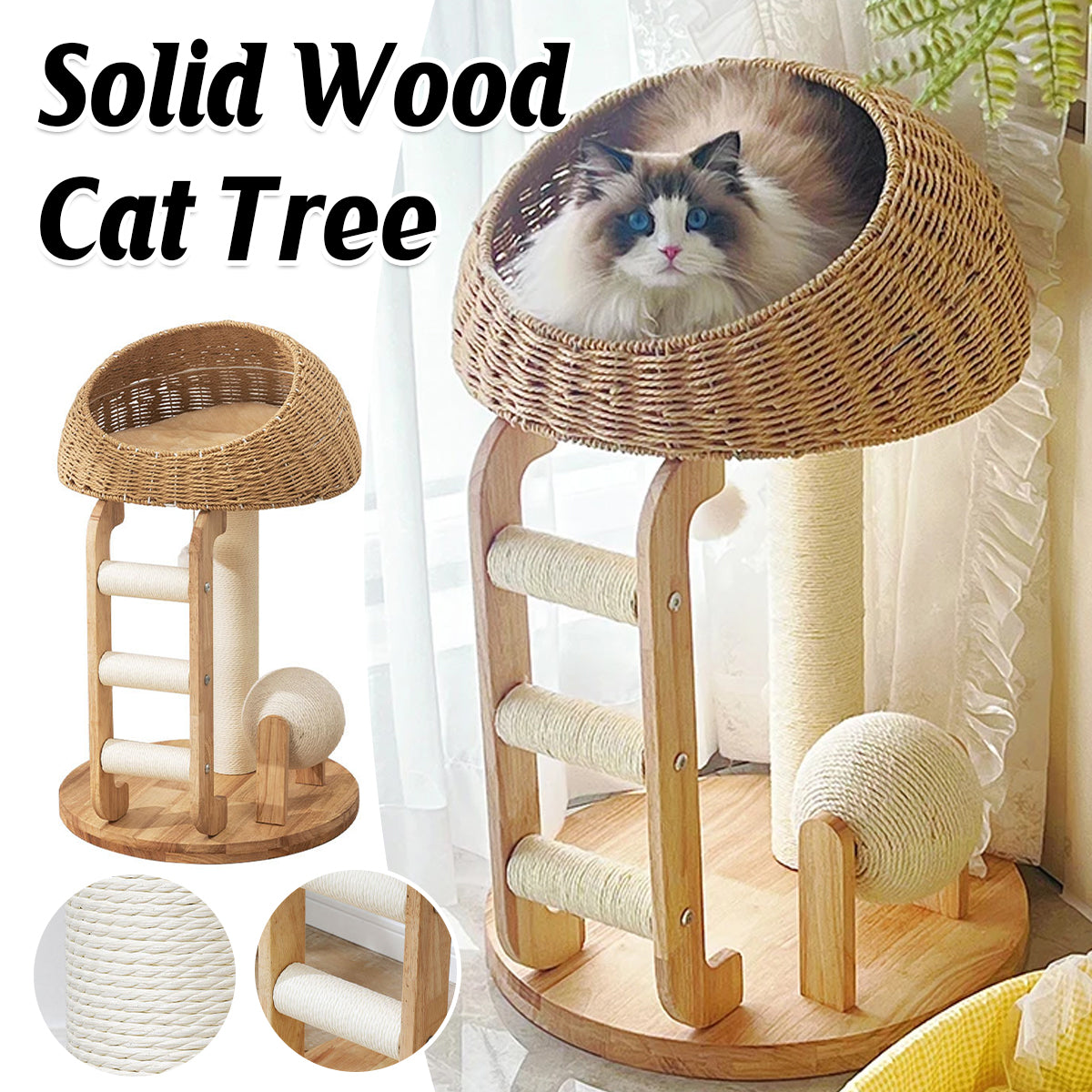 Solid Wood Cat Tree With Sisal Scratching Posts