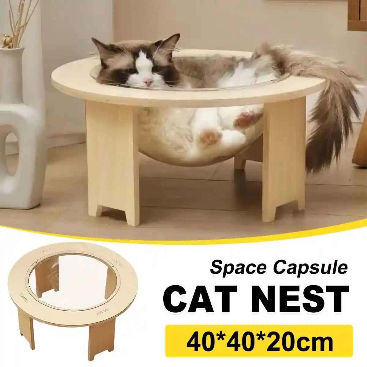 Modern space capsule cat nest with clear acrylic bowl and wooden base