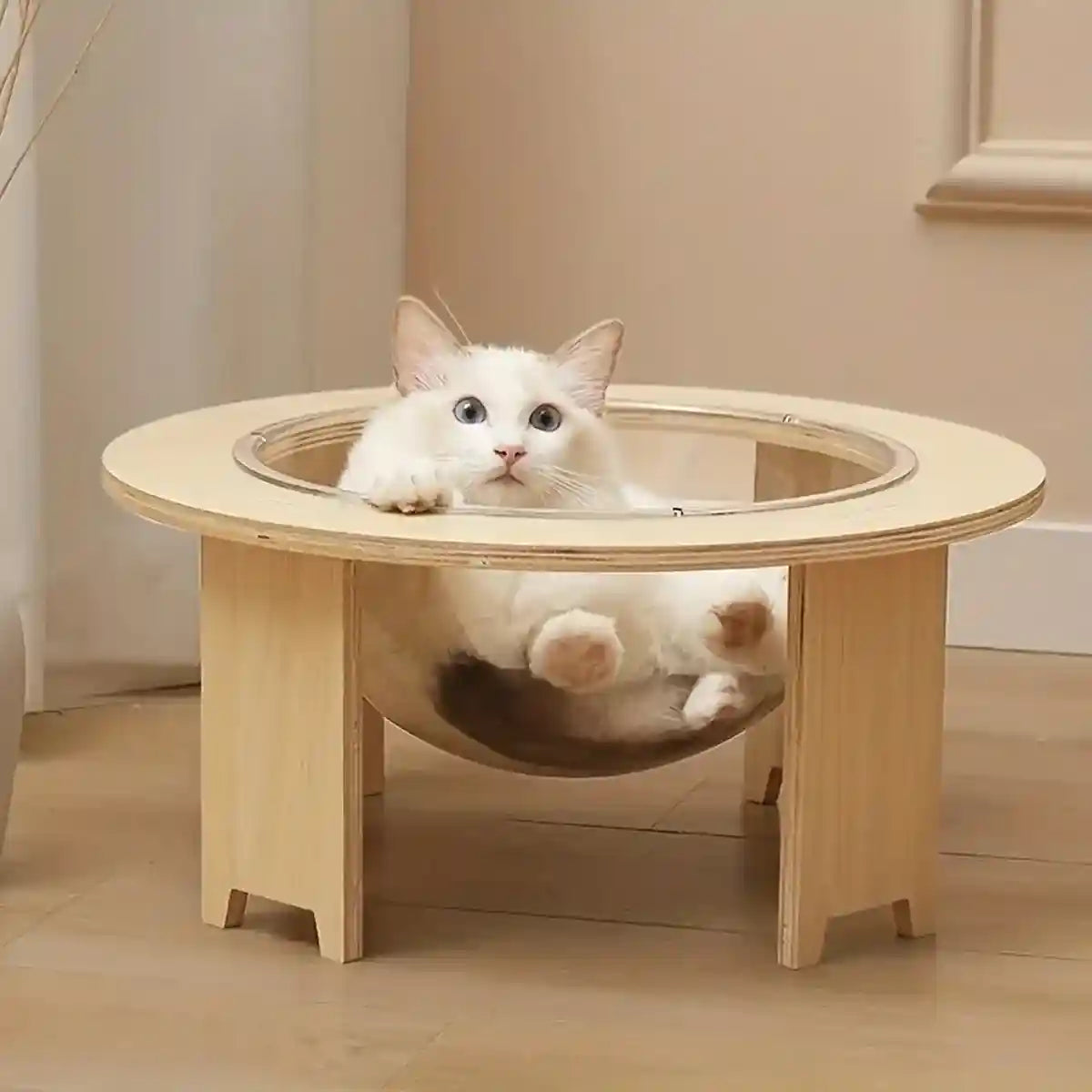 Modern Wooden Stand Space Capsule Cat Nest with Clear Bowl