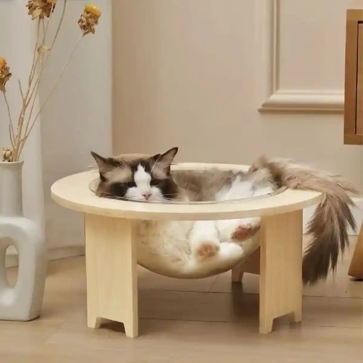 Modern Wooden Stand Space Capsule Cat Nest with Clear Bowl