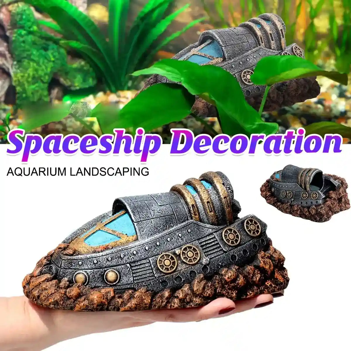Spaceship aquarium decoration resin ornament for fish tank