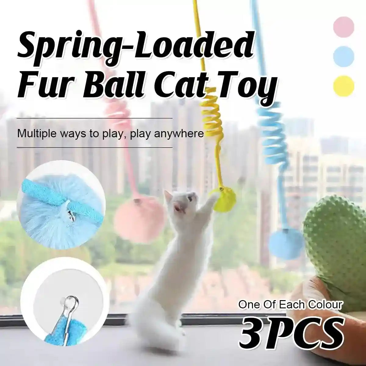 Interactive spring cat toy with plush ball and suction cup