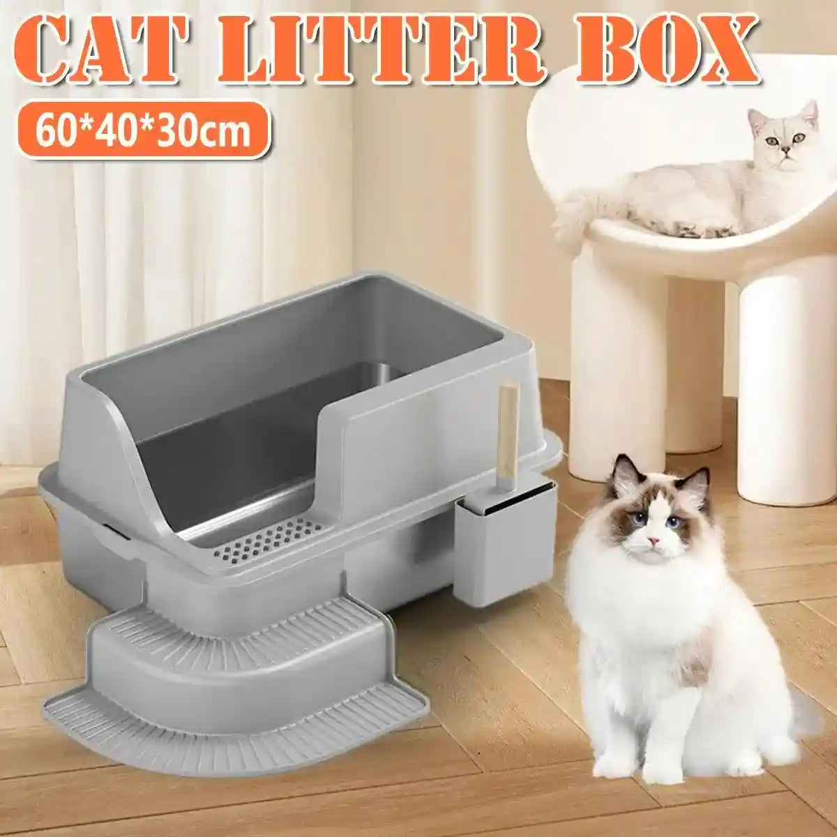 Step-entry cat litter box with raised edges and grey plastic design