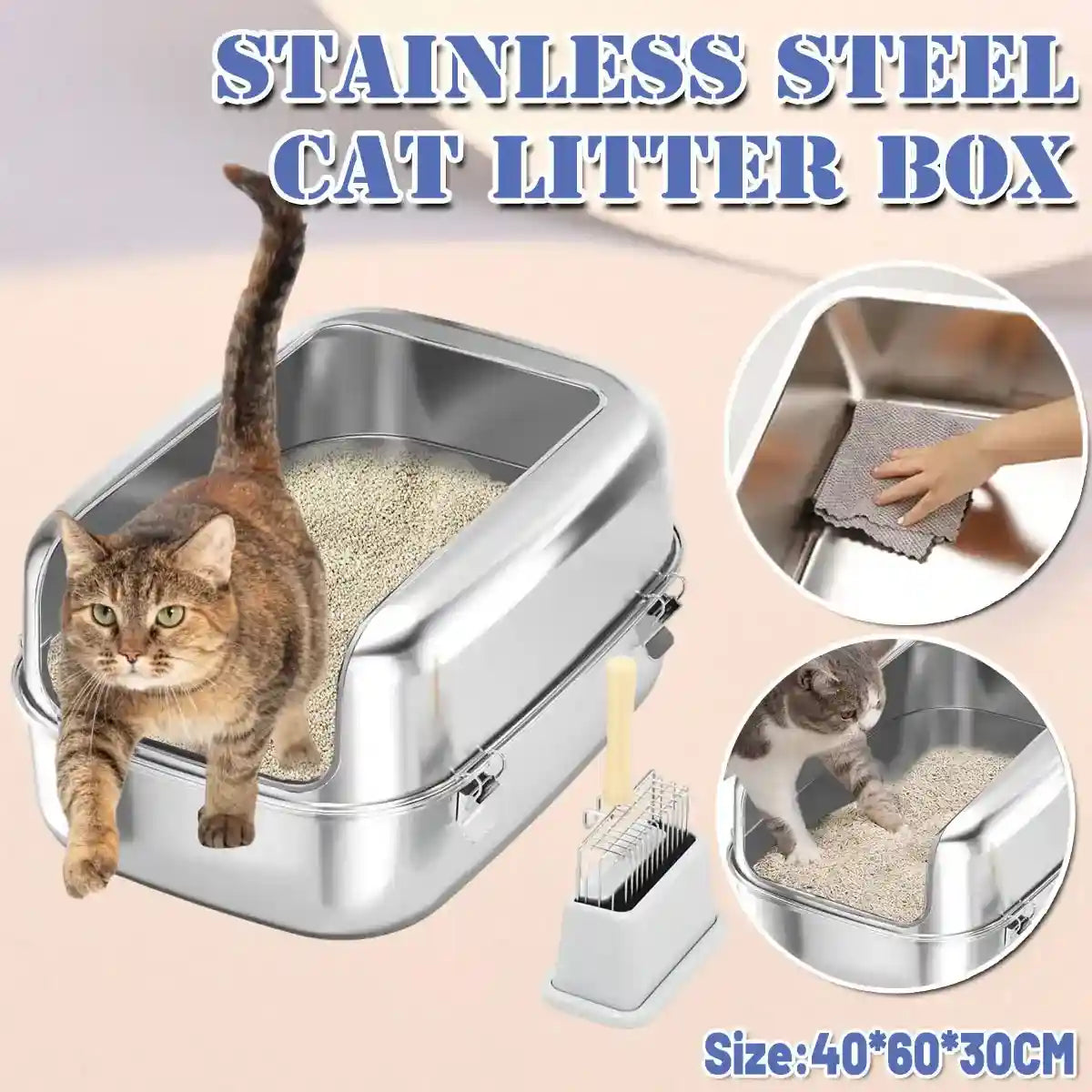 High-Wall Stainless Steel Cat Litter Box With Scoop