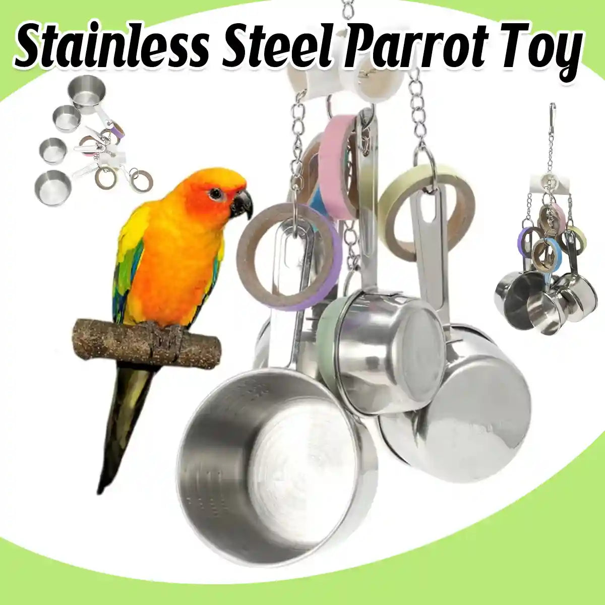 Stainless Steel Parrot Toy Bell & Colourful Paper Rings for Birds