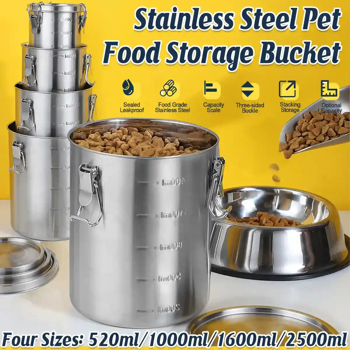 Pet food storage container made of stainless steel with airtight silicone seal and clip locks