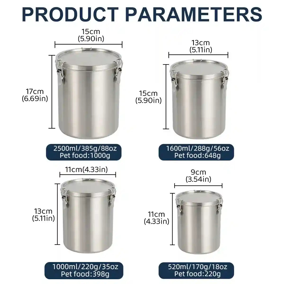 Stainless Steel Pet Food Storage Container with Airtight Locking Clips