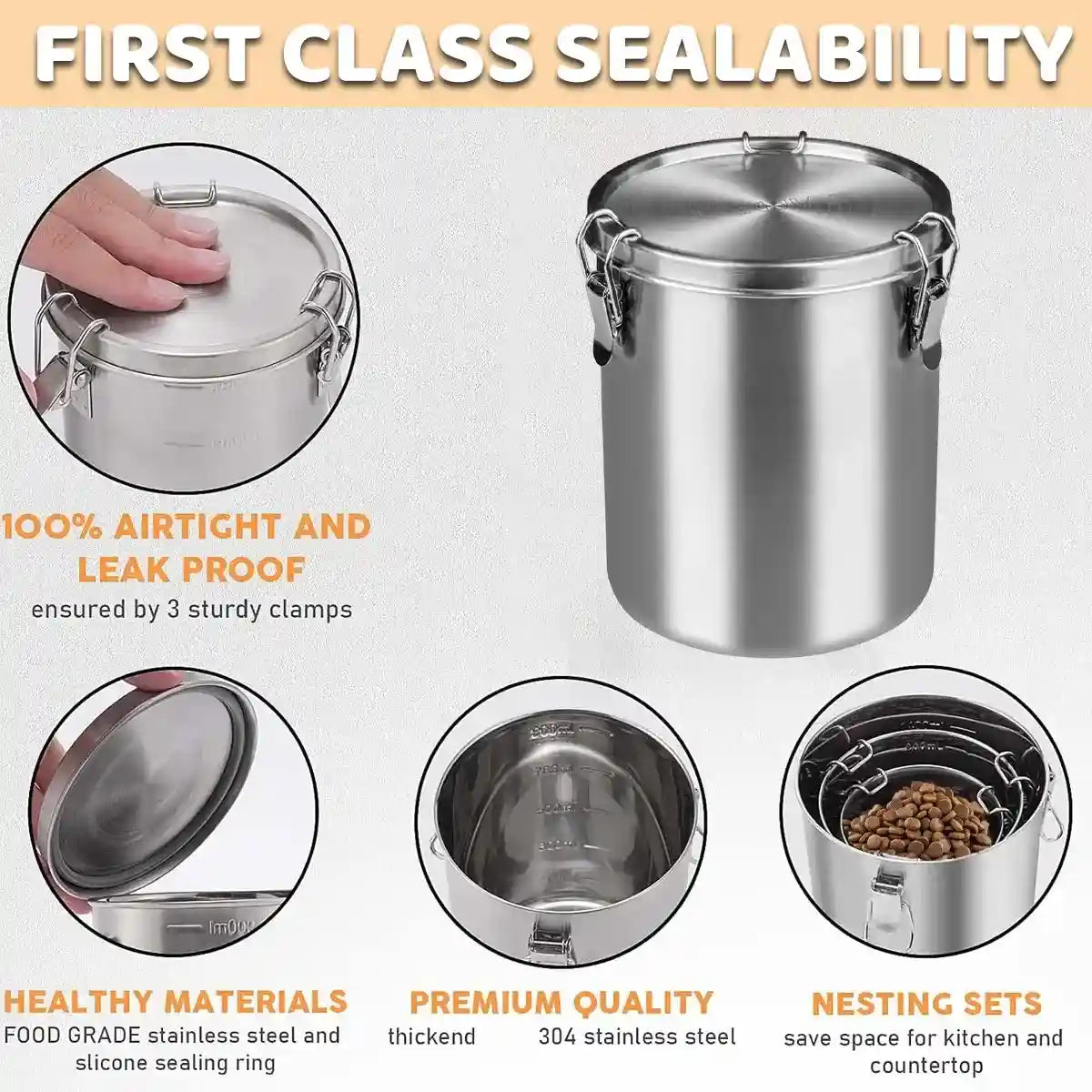 Stainless Steel Pet Food Storage Container with Airtight Locking Clips