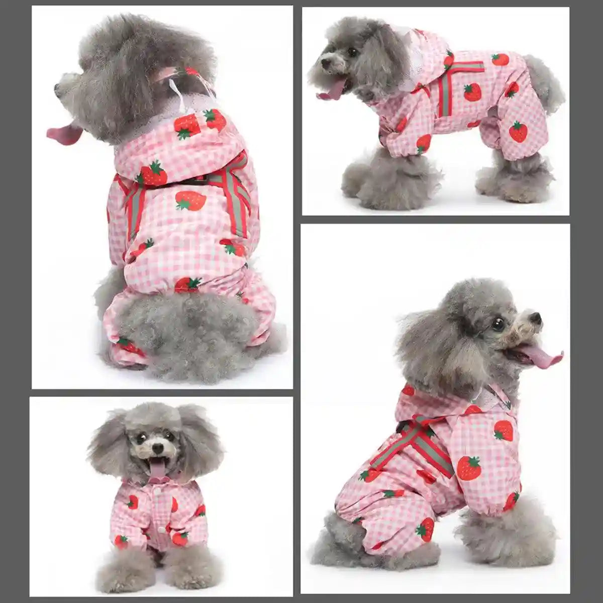 Strawberry Plaid Dog Raincoat Waterproof Pet Jacket with Hood