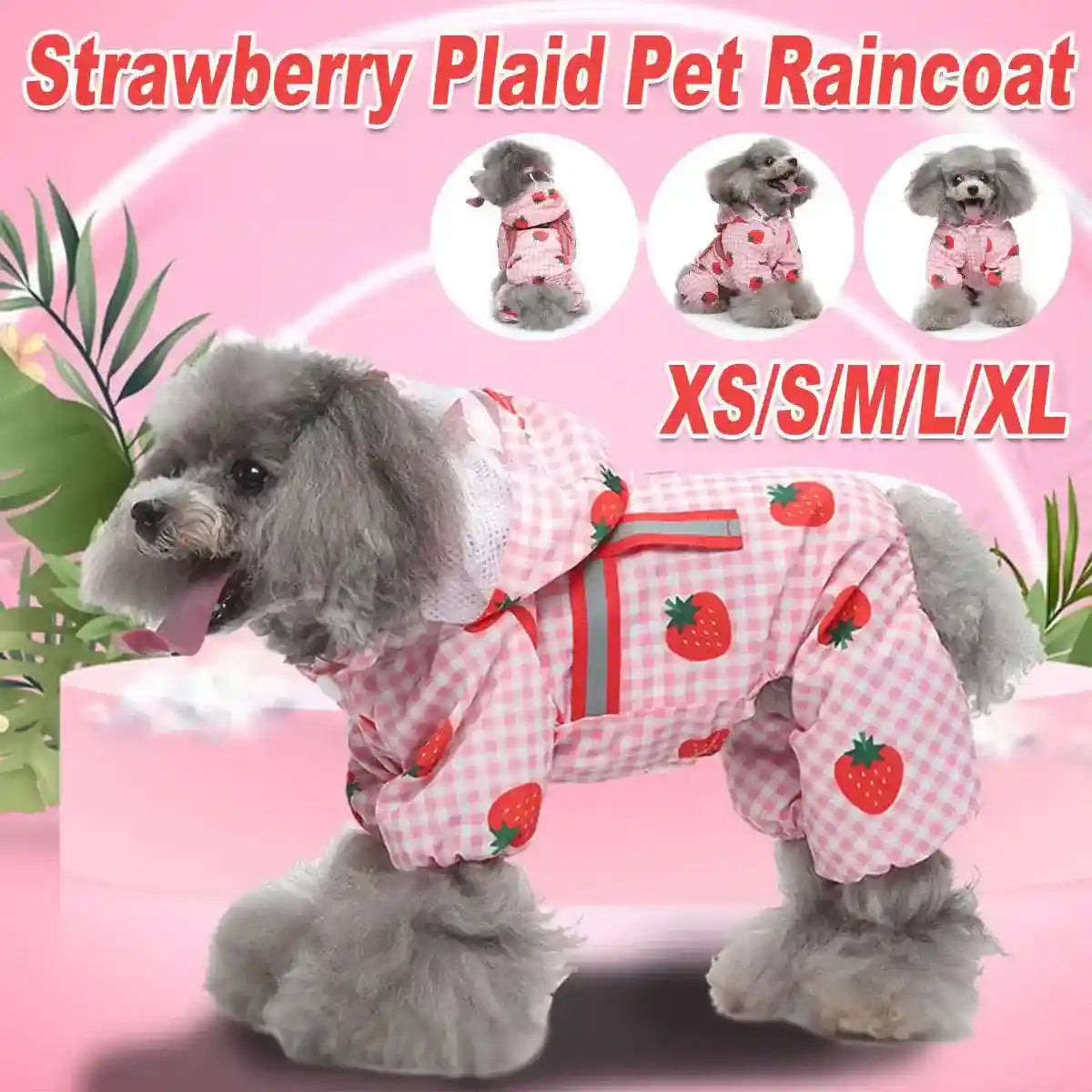 Strawberry Plaid Dog Raincoat Waterproof Pet Jacket with Hood
