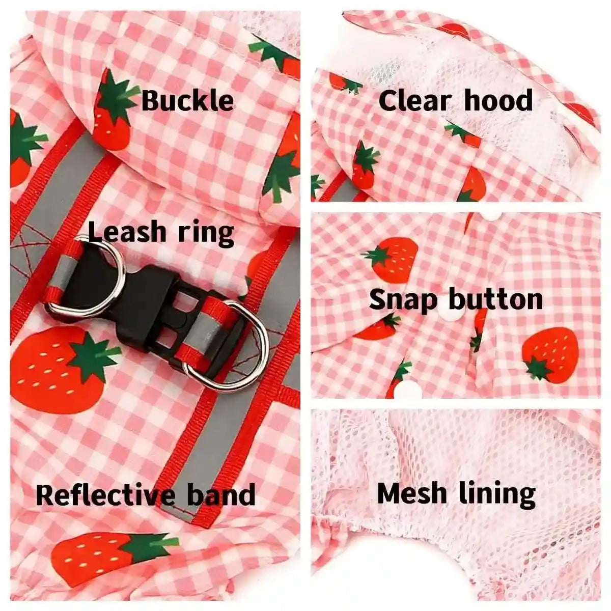 Strawberry Plaid Dog Raincoat Waterproof Pet Jacket with Hood