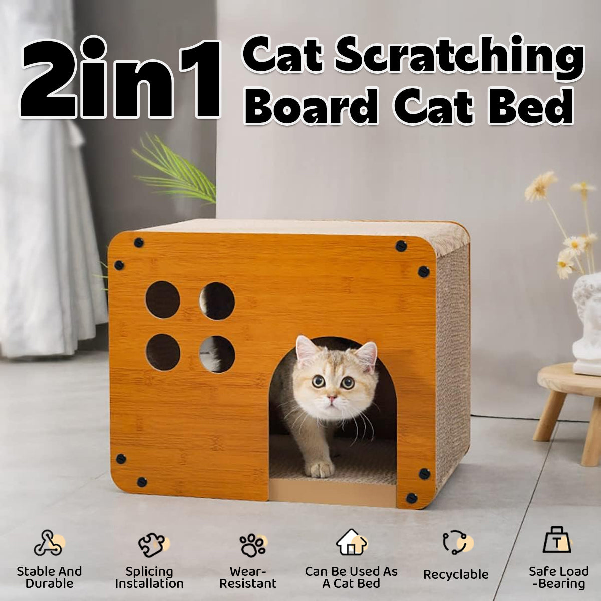 Cat Scratching Board 2 In 1 Wooden Cat Bed