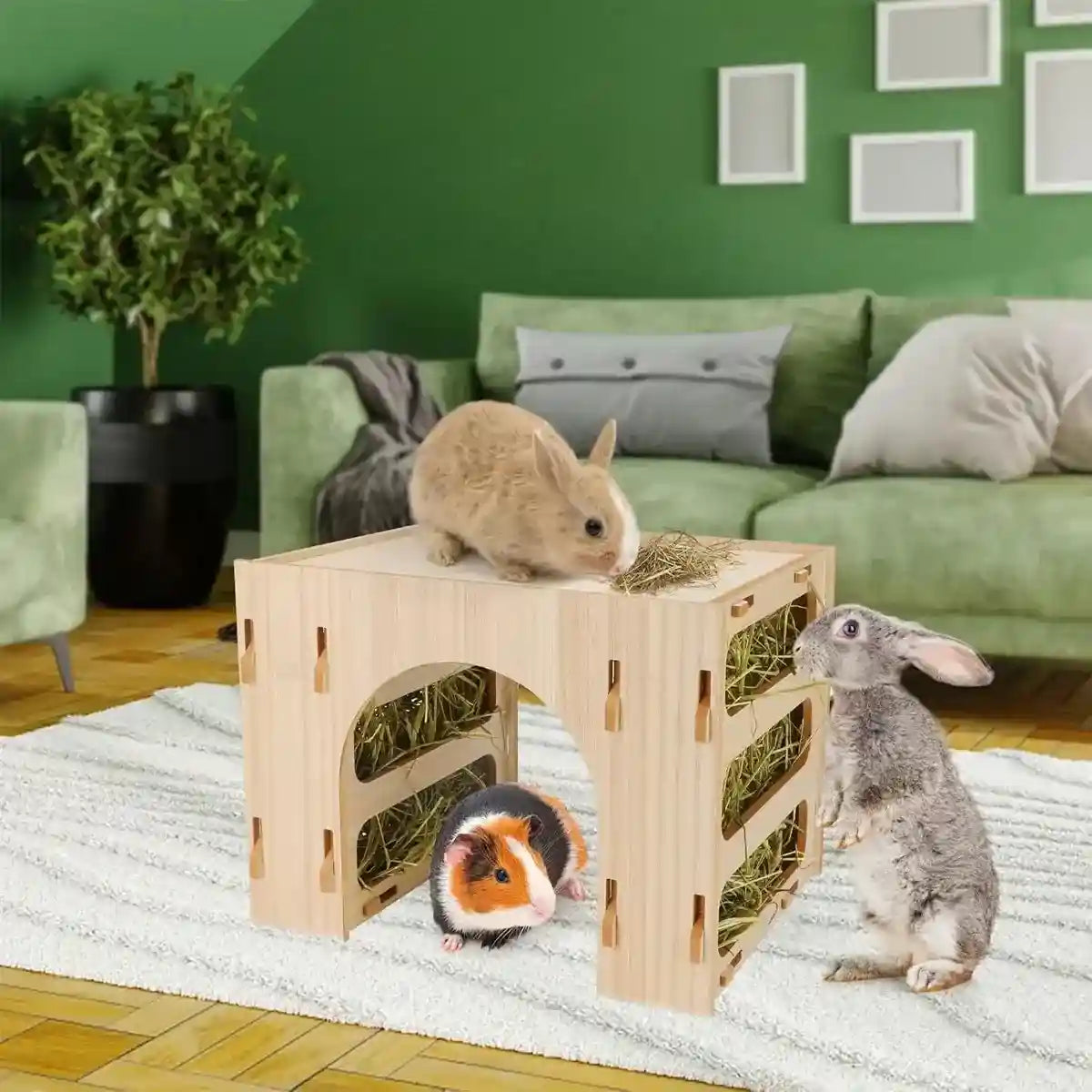 3-in-1 Wooden Hideout Tunnel with Bunny Hay Feeder Rack