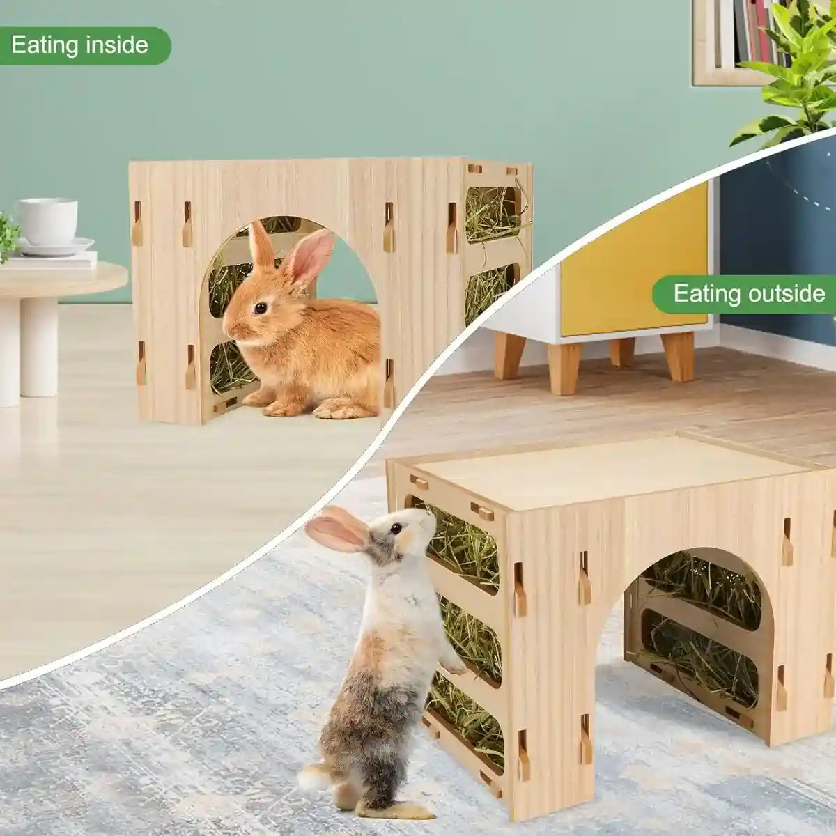 3-in-1 Wooden Hideout Tunnel with Bunny Hay Feeder Rack