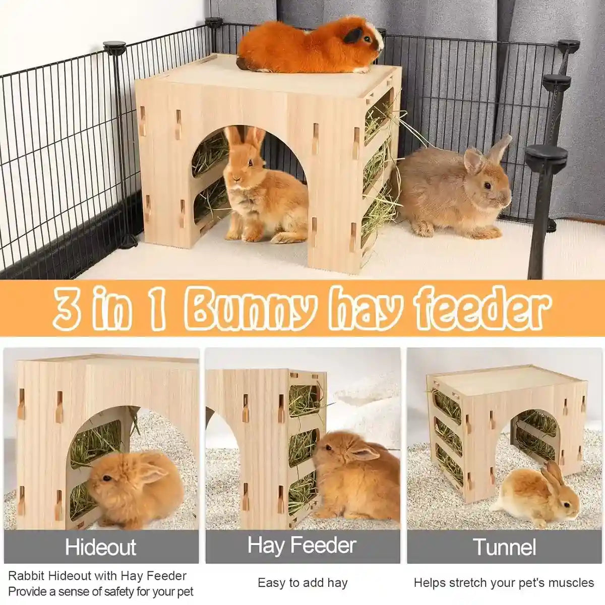 3-in-1 Wooden Hideout Tunnel with Bunny Hay Feeder Rack
