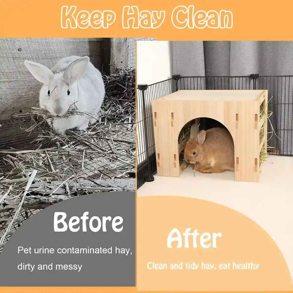 3-in-1 Wooden Hideout Tunnel with Bunny Hay Feeder Rack