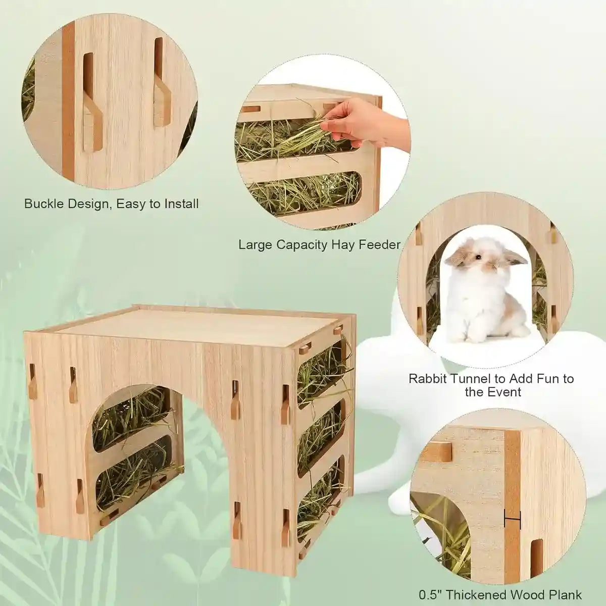 3-in-1 Wooden Hideout Tunnel with Bunny Hay Feeder Rack