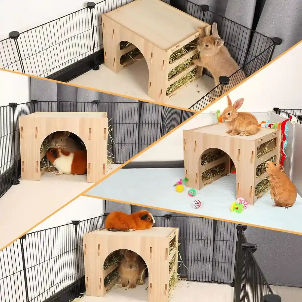 3-in-1 Wooden Hideout Tunnel with Bunny Hay Feeder Rack