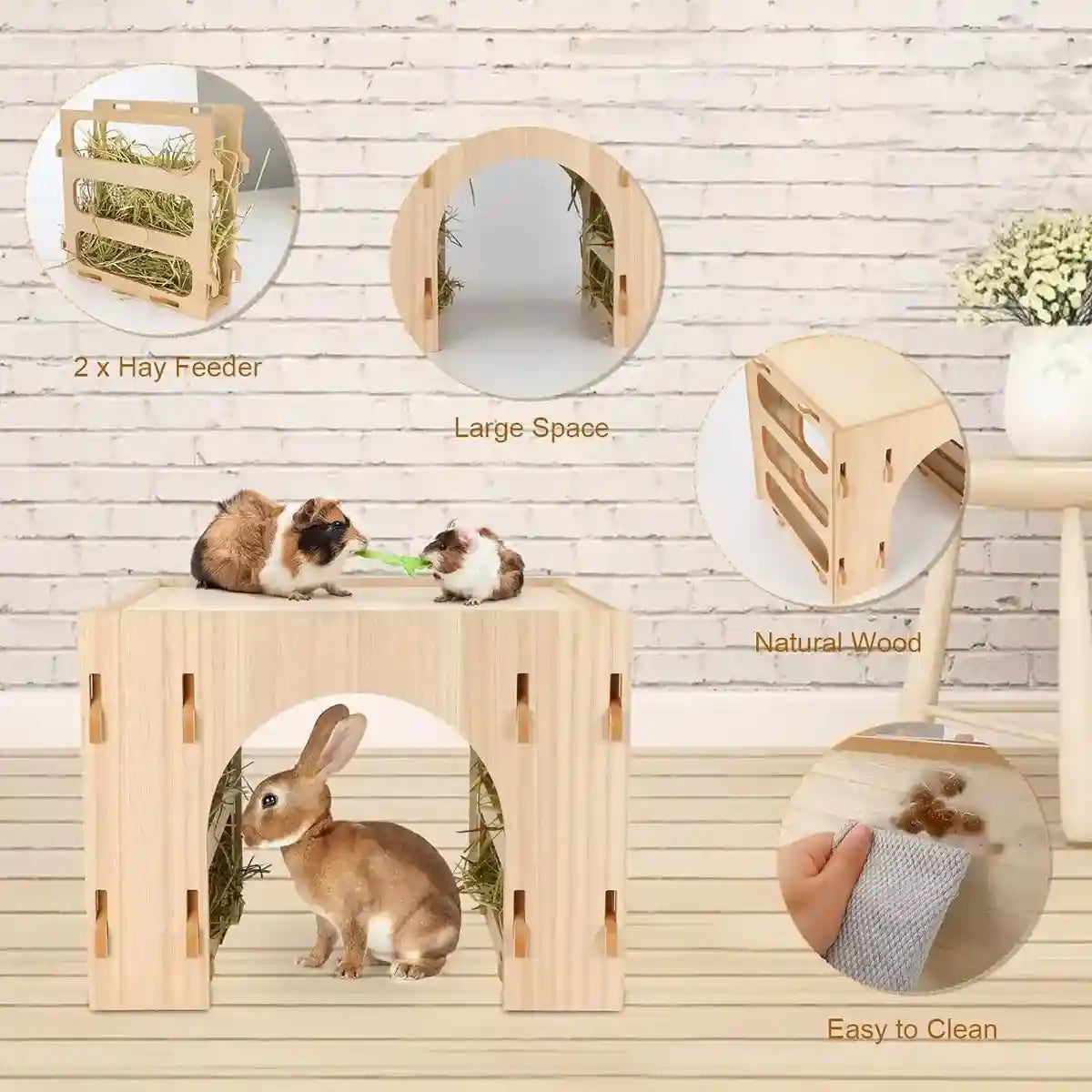3-in-1 Wooden Hideout Tunnel with Bunny Hay Feeder Rack