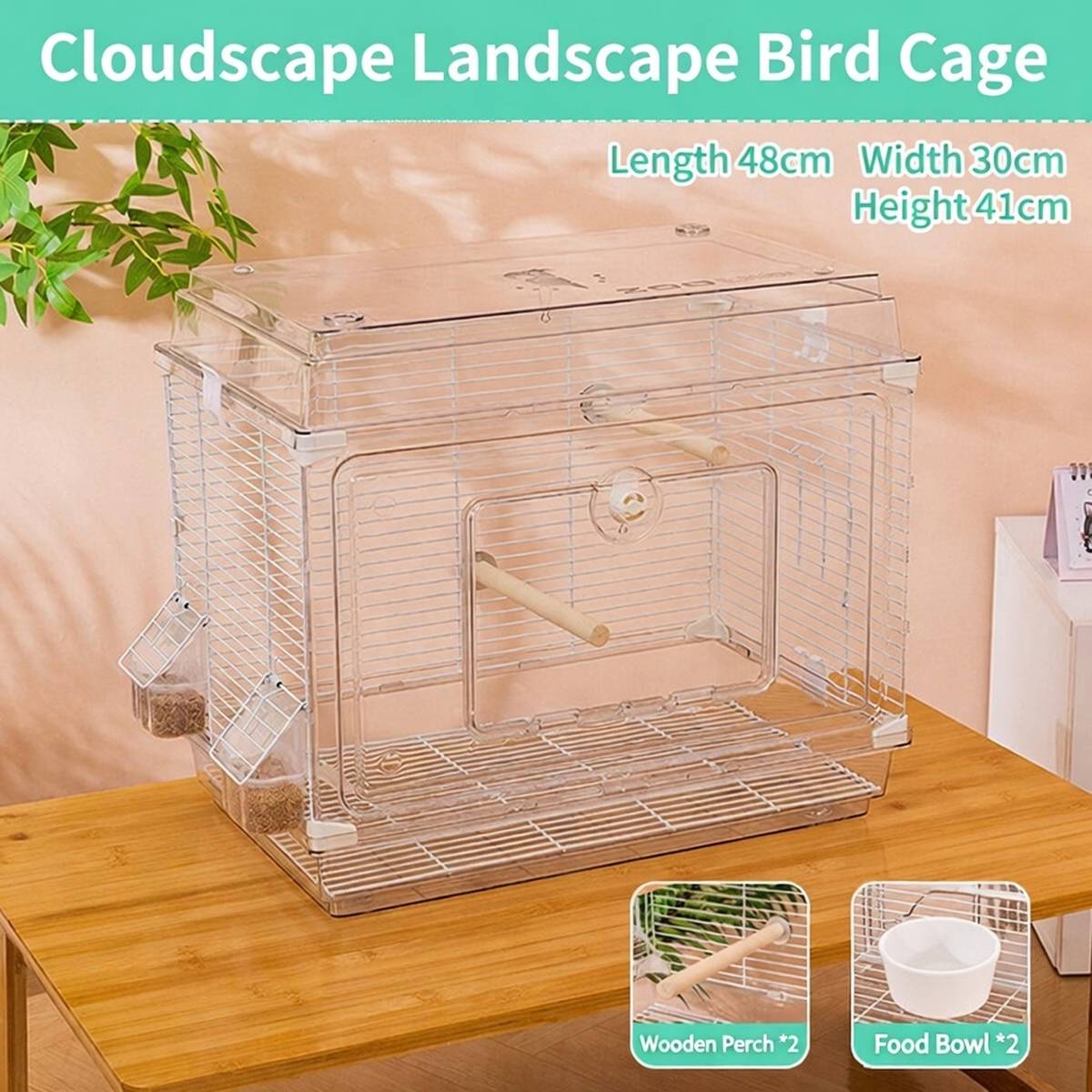 Transparent Bird Cage with Perches & Feeders | Clear Aviary for Small Birds