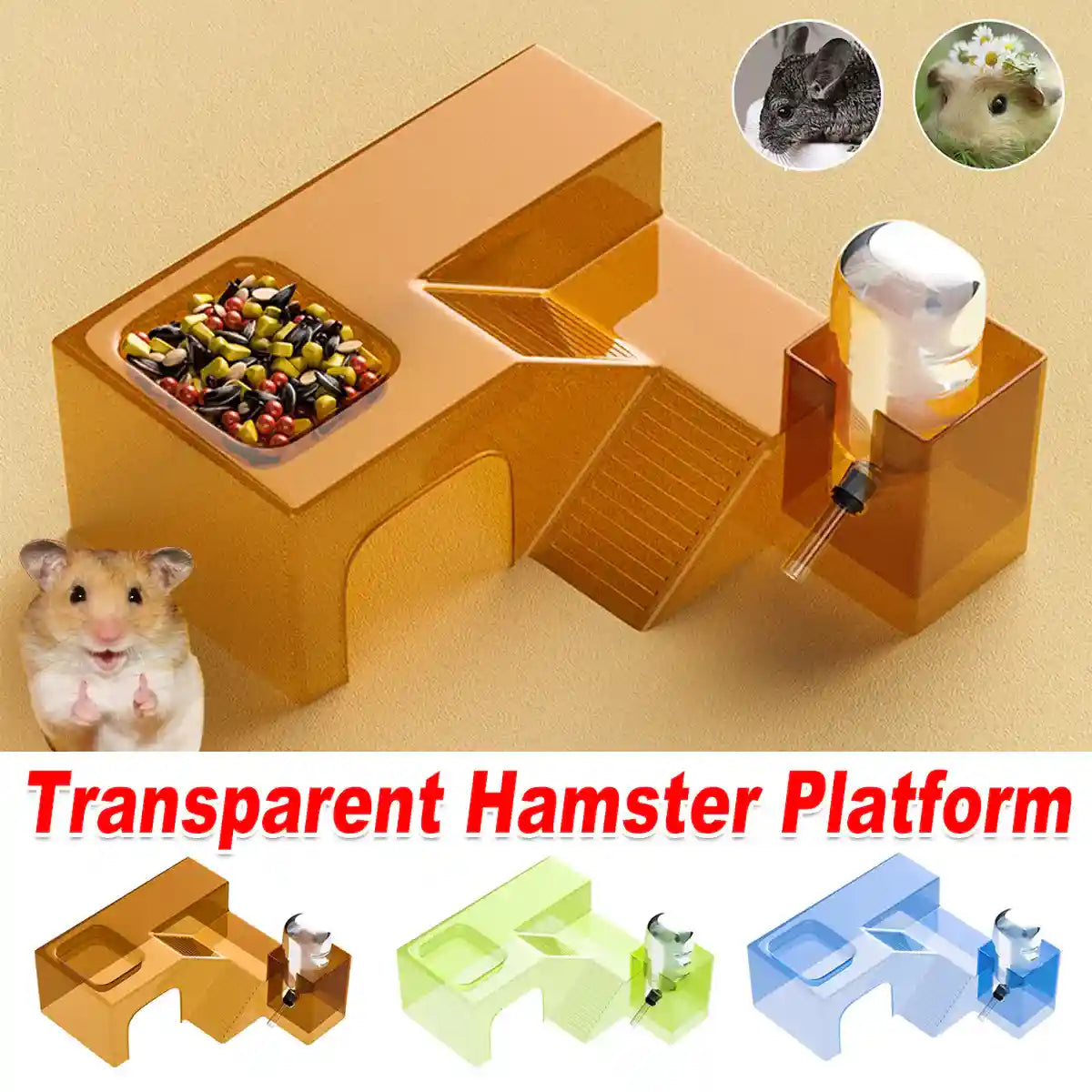 Transparent Hamster Platform With Bottle & Feeder