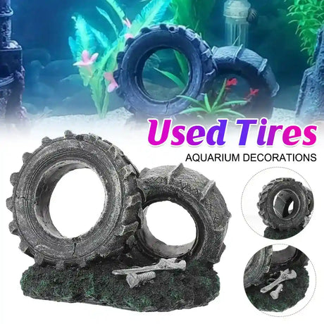 Resin stacked tire aquarium decoration with moss accents