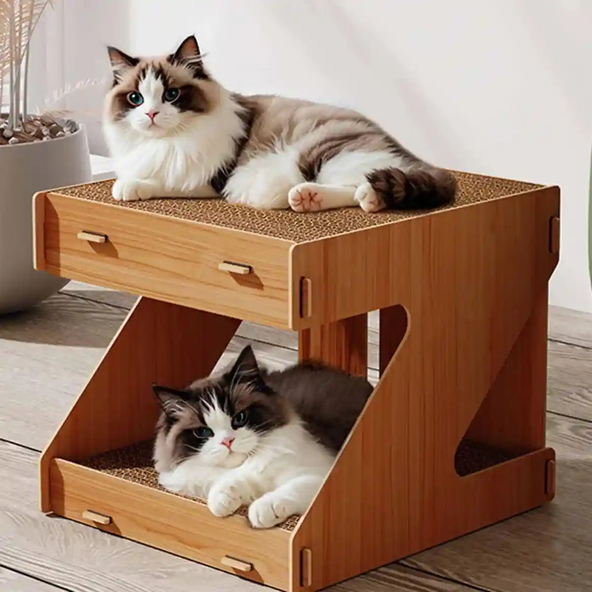 Solid Wood Cat House With Scratching Board Double-Layer Design