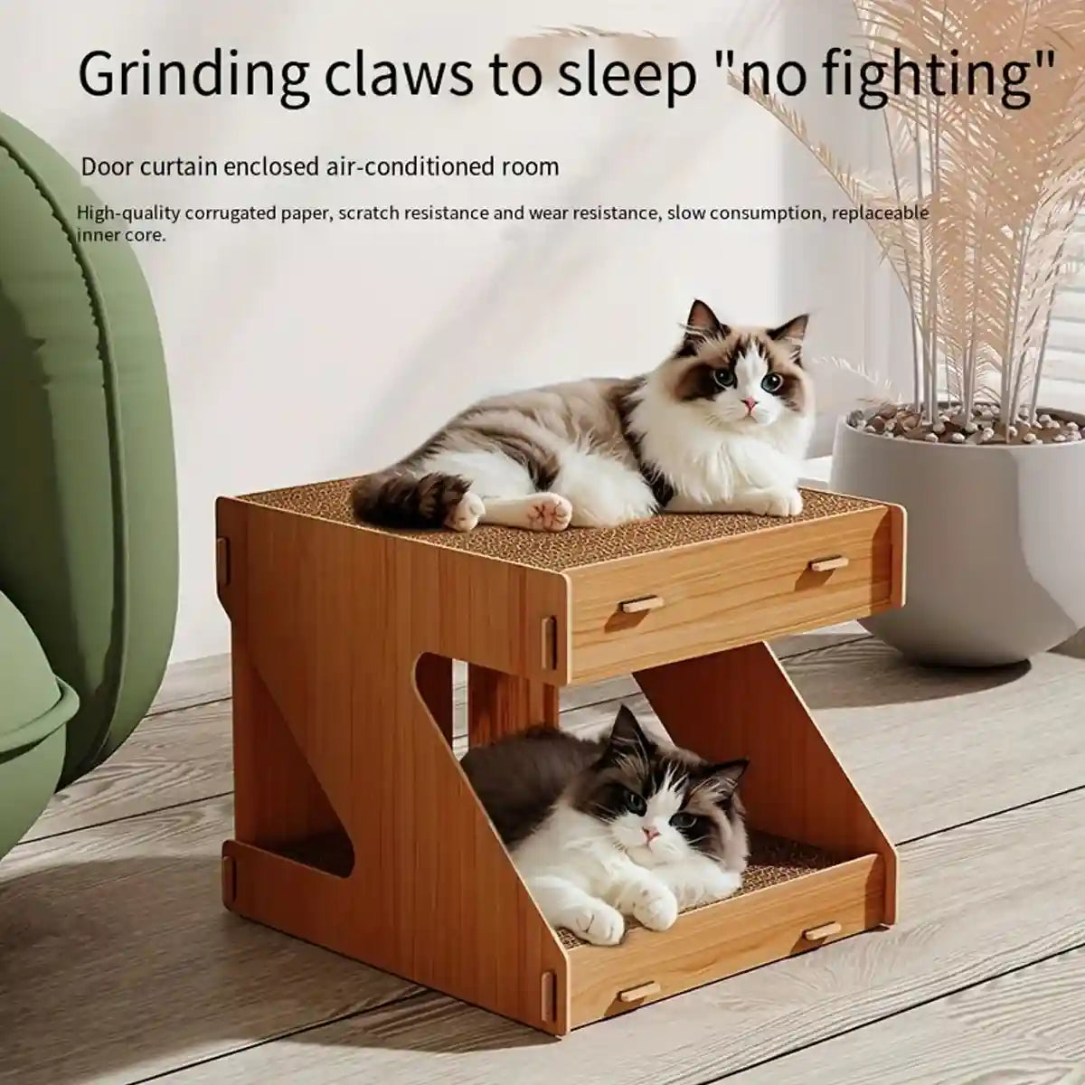Solid Wood Cat House With Scratching Board Double-Layer Design