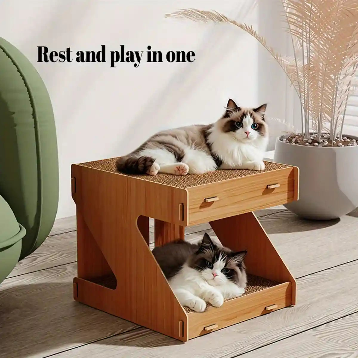 Solid Wood Cat House With Scratching Board Double-Layer Design