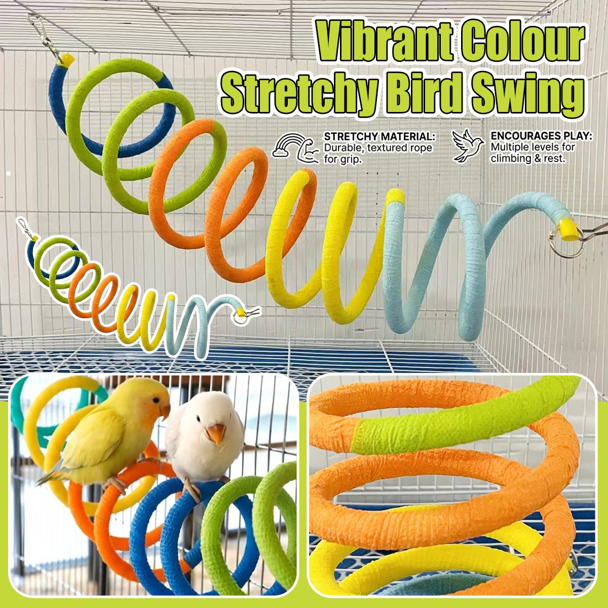 Vibrant Colour Stretchy Spiral Bird Swing Toy for Parrots & Budgies