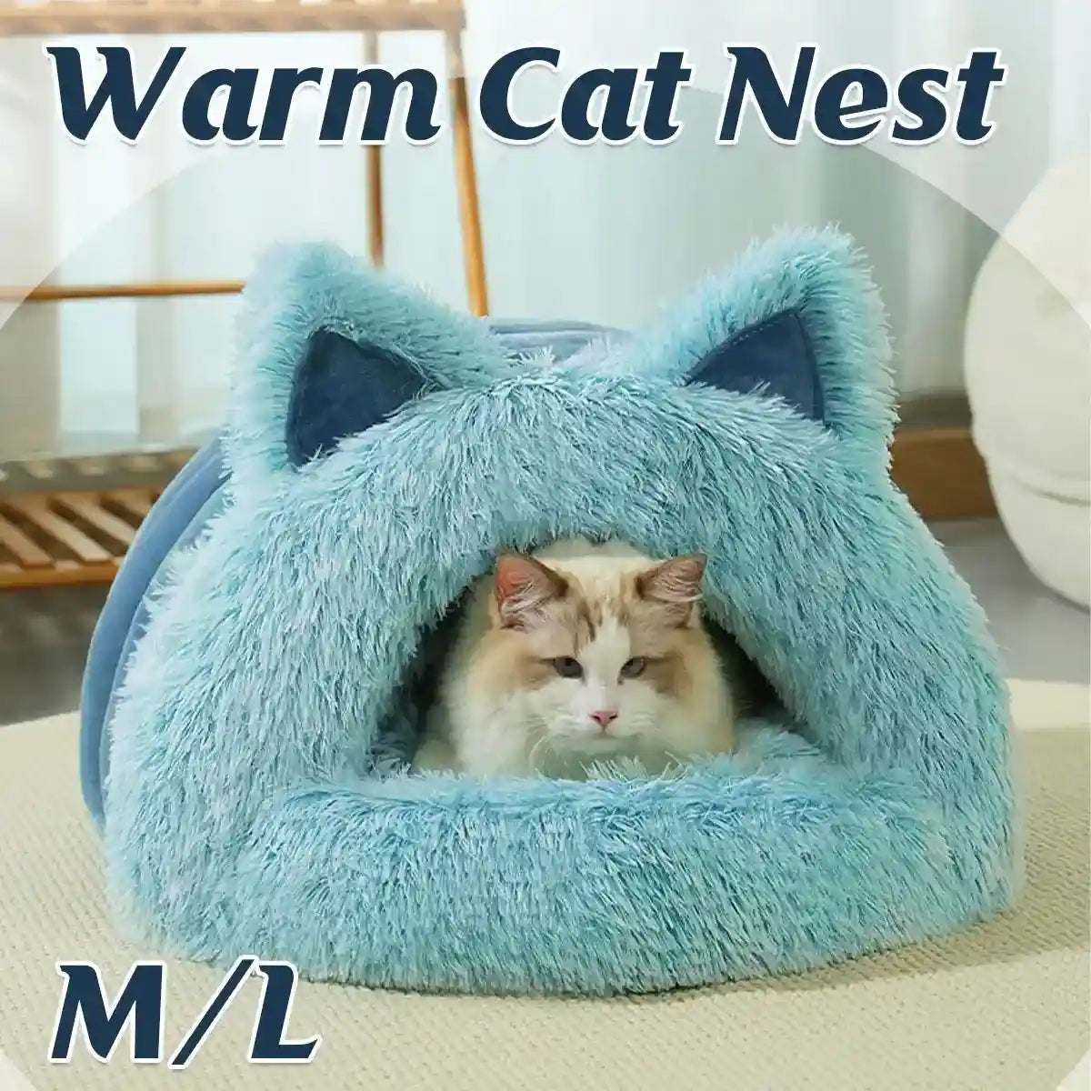 Cozy Cat Bed Cave for Winter Fluffy Covered Nest for Cats (M/L)