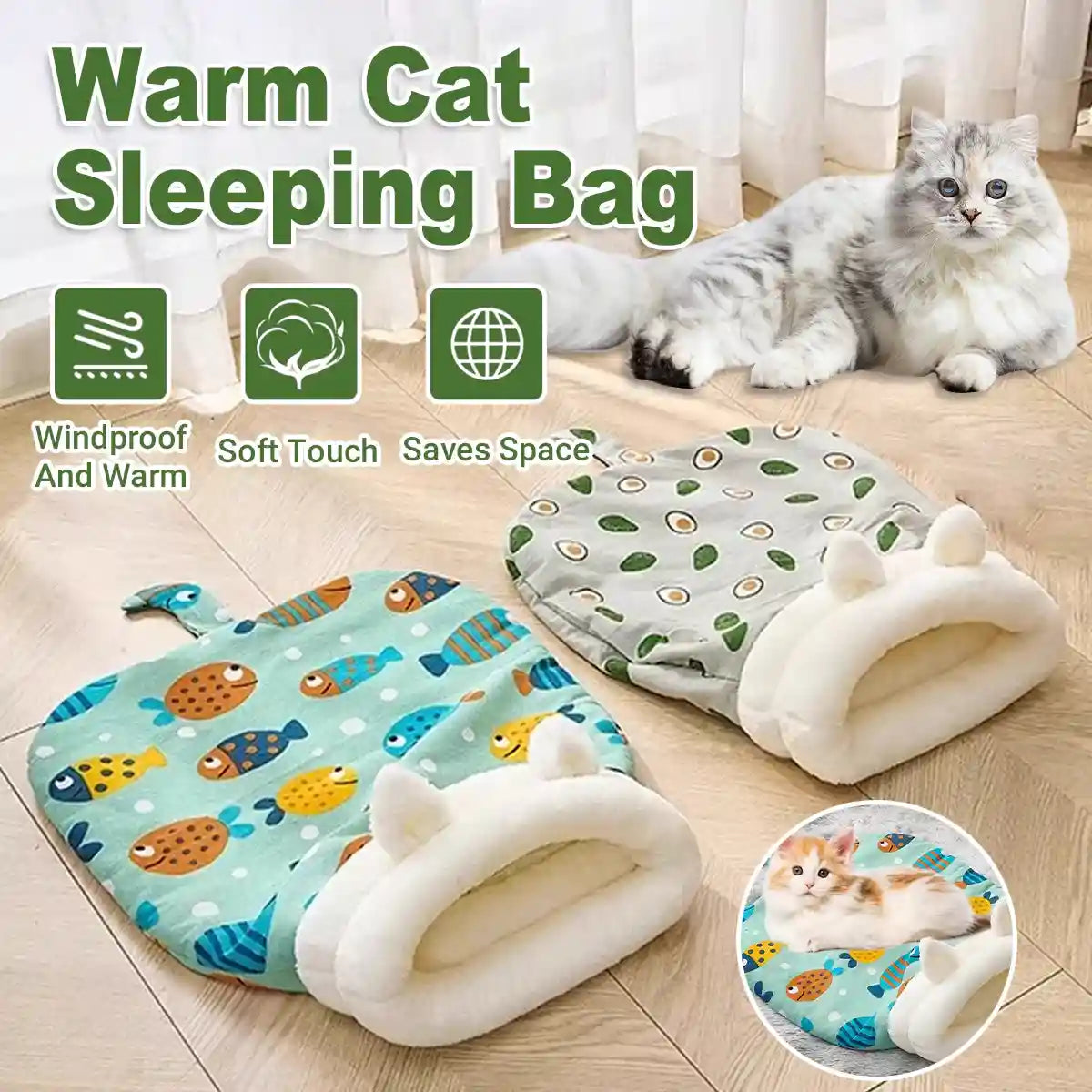 Warm Cat Sleeping Bag With Plush Lining And Cute Ears Design