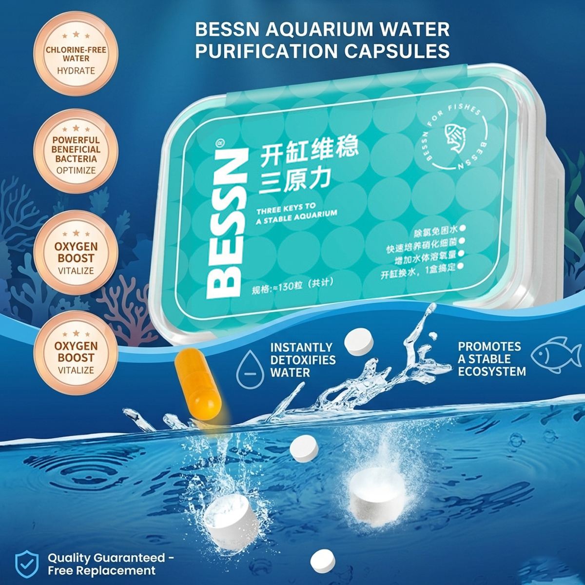 BESSN 3-in-1 Aquarium Water Conditioner Tablets for Fish Tanks