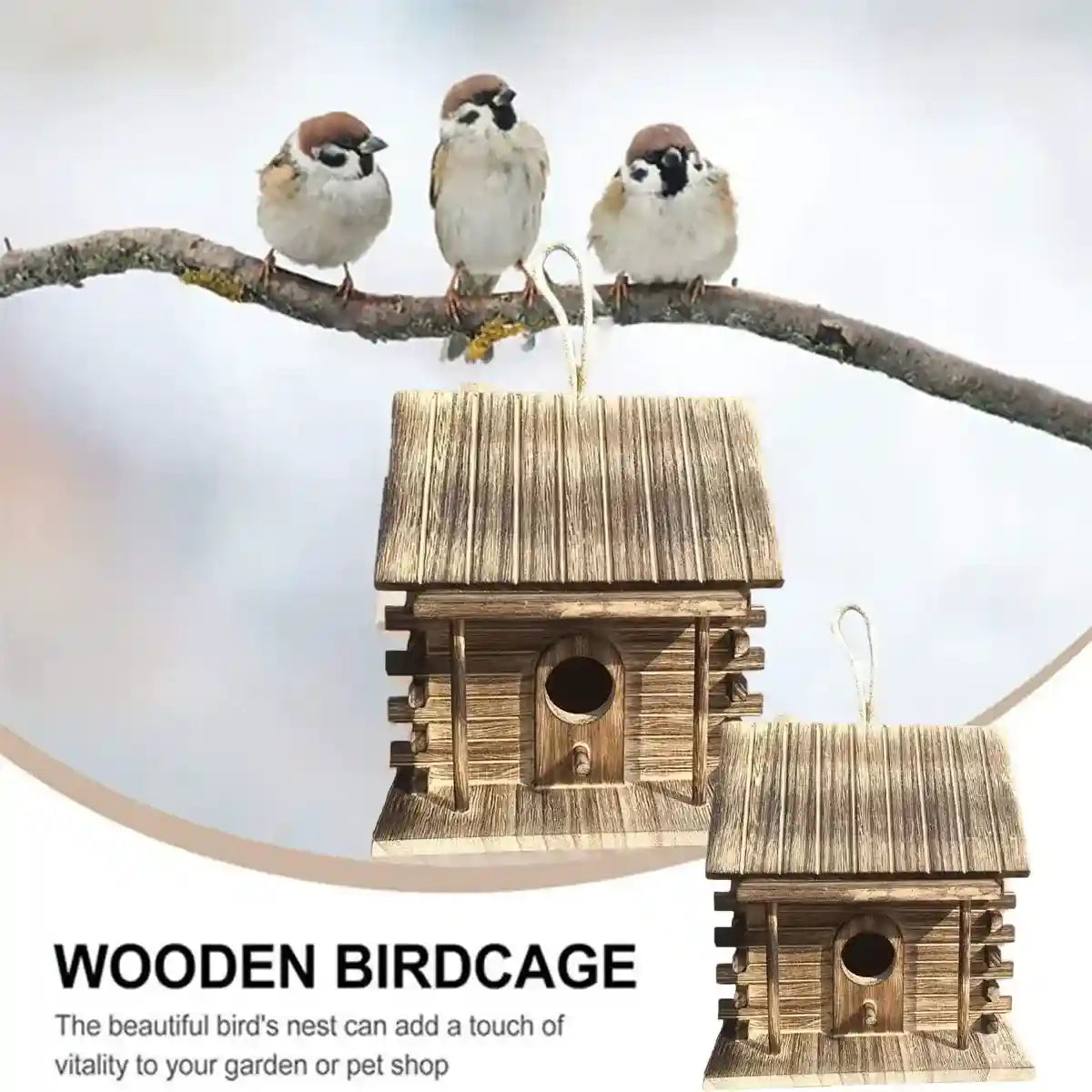 Rustic Hanging Wood Birdhouse for Outdoor Garden Decoration