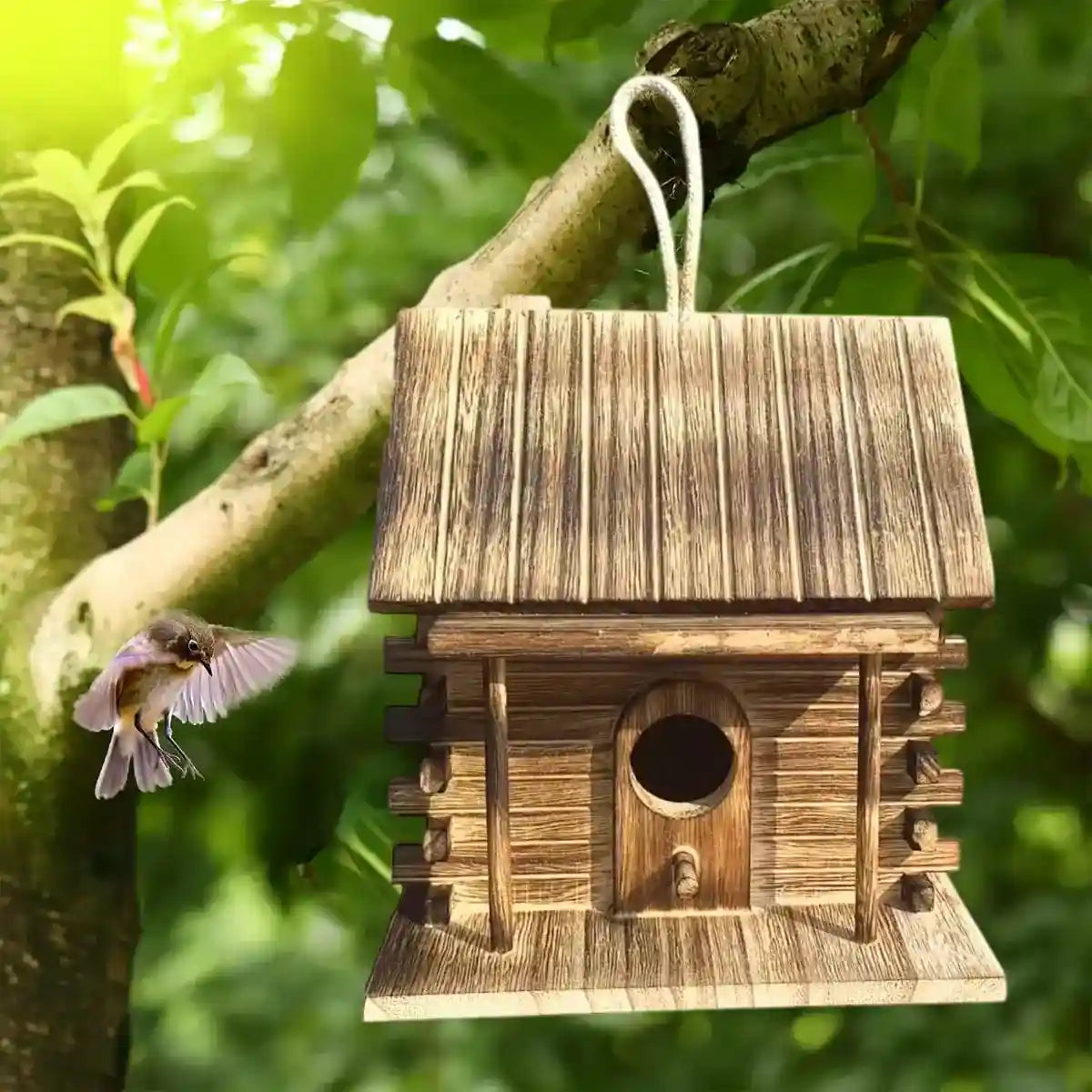 Rustic Hanging Wood Birdhouse for Outdoor Garden Decoration