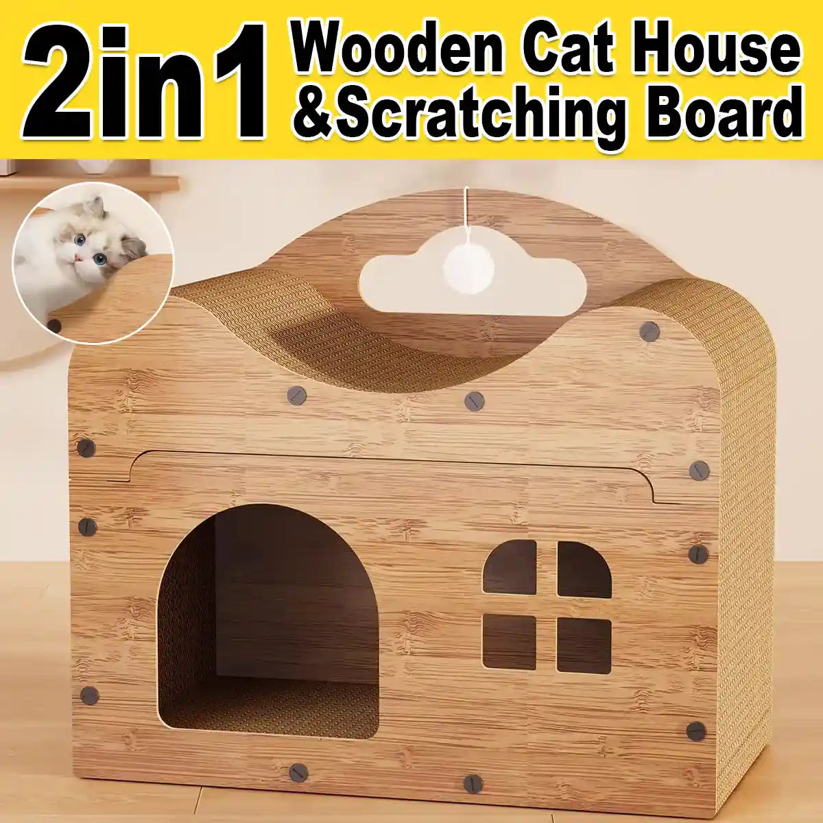 Wooden Cat Scratching House with Sisal Pad
