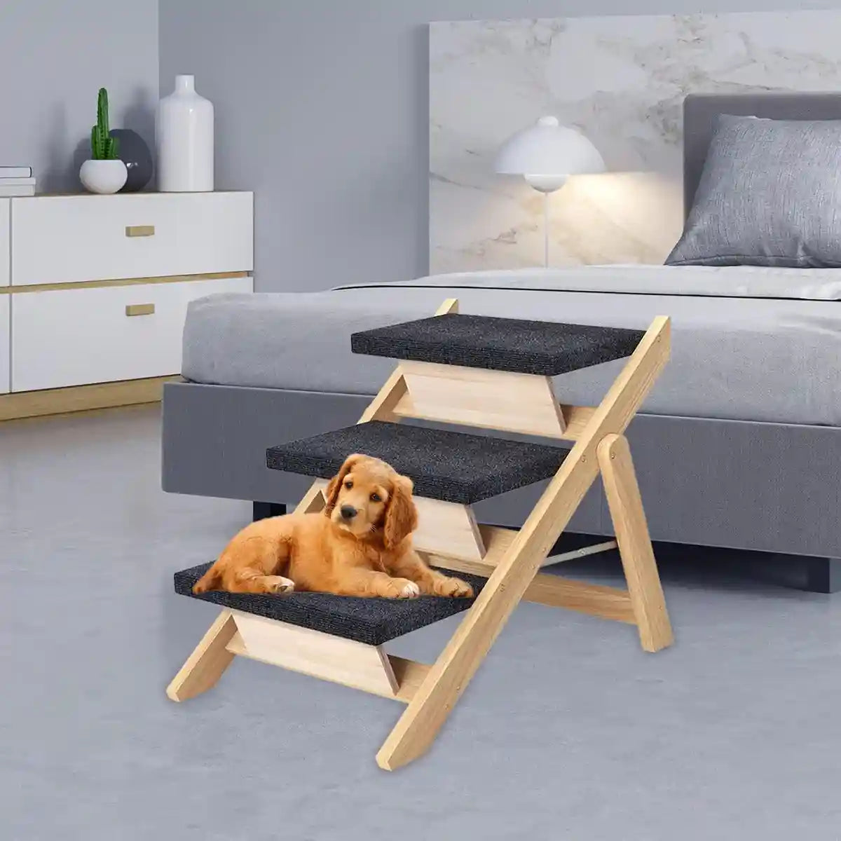 Wooden Pet Stairs Foldable Dog Ramp With Non-Slip Steps