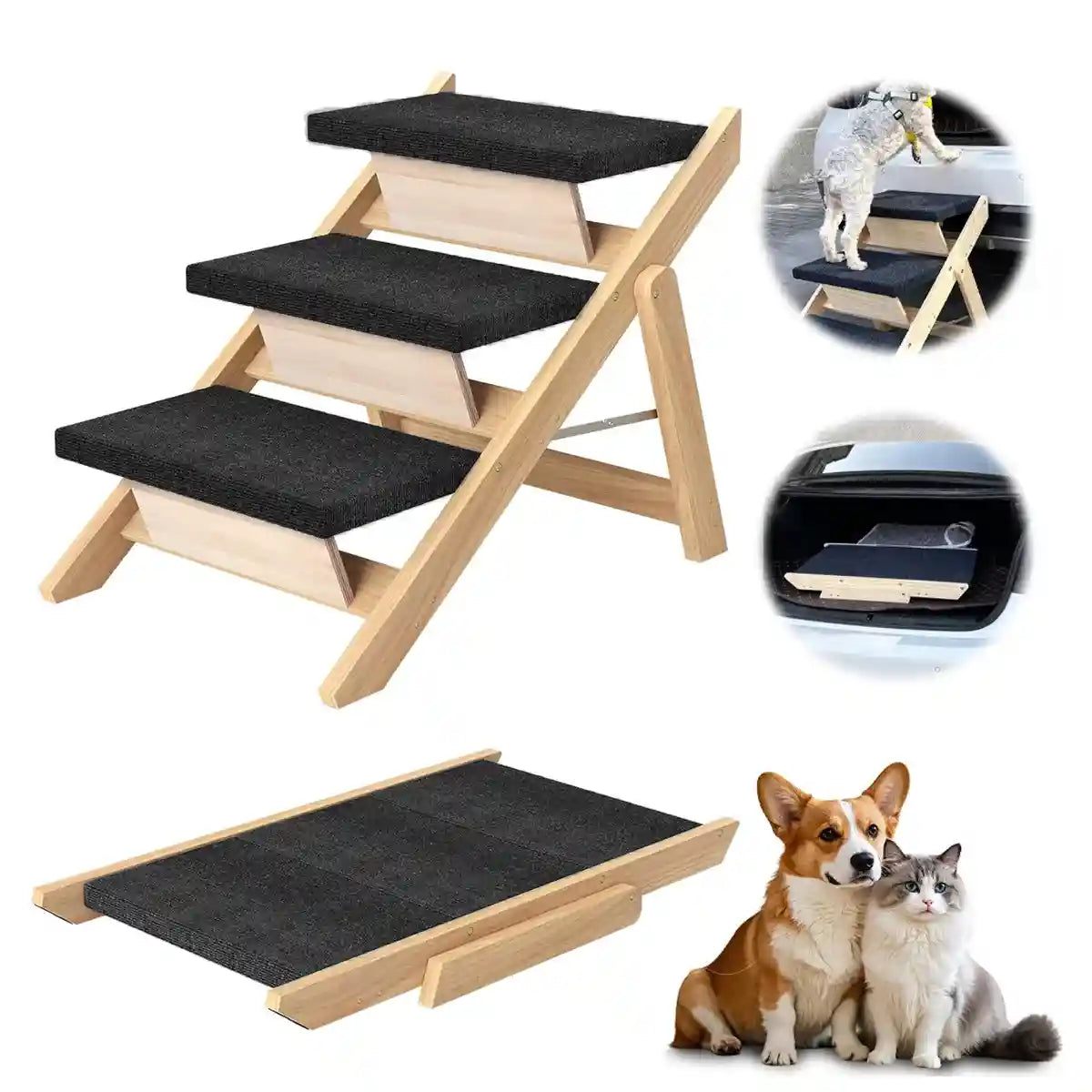 Wooden Pet Stairs Foldable Dog Ramp With Non-Slip Steps