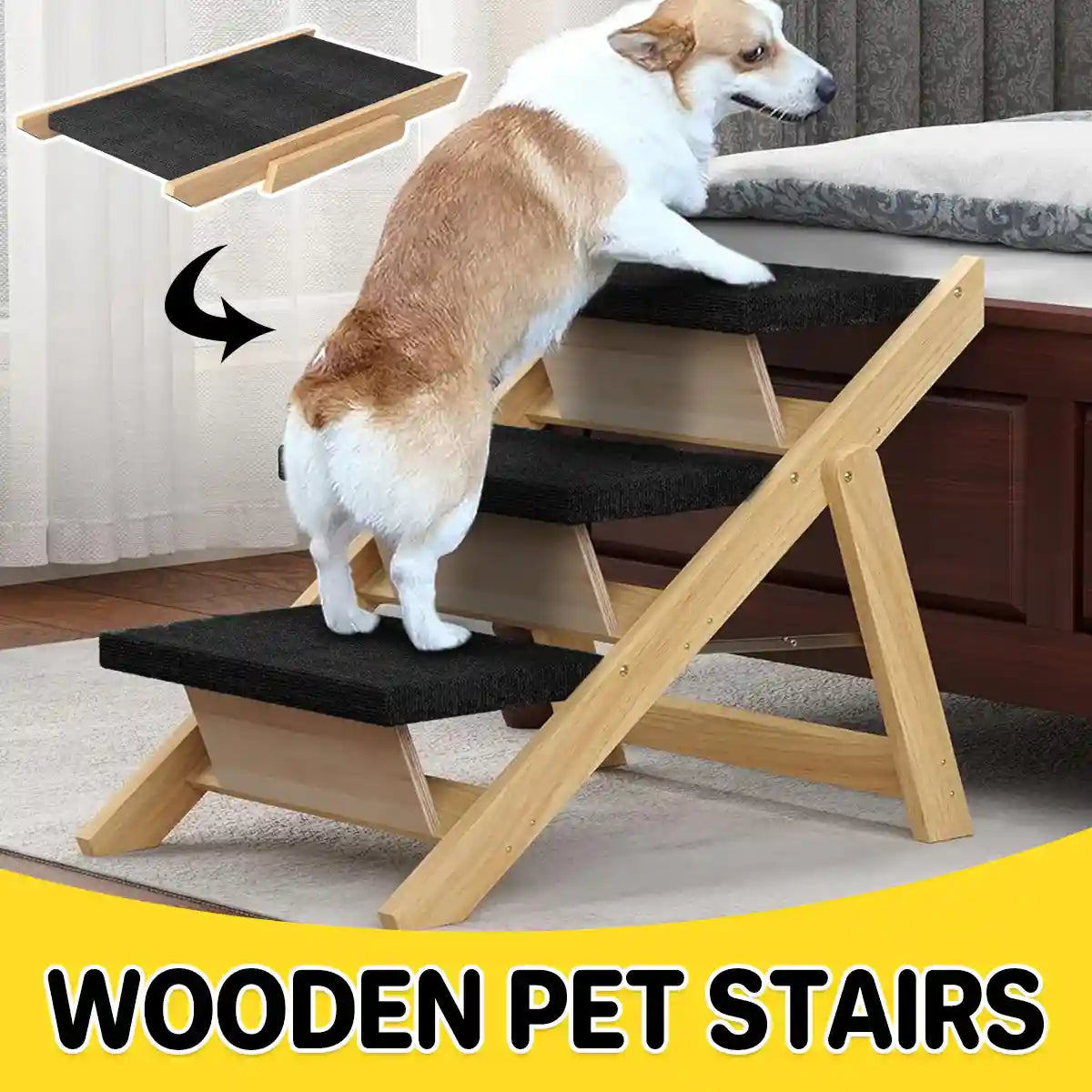 Wooden Pet Stairs Foldable Dog Ramp With Non-Slip Steps