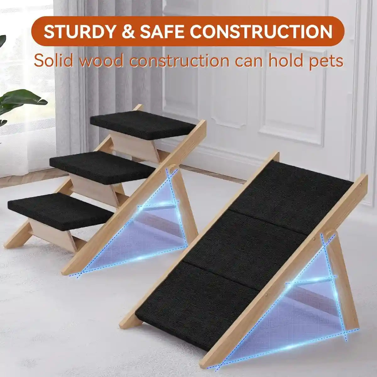 Wooden Pet Stairs Foldable Dog Ramp With Non-Slip Steps