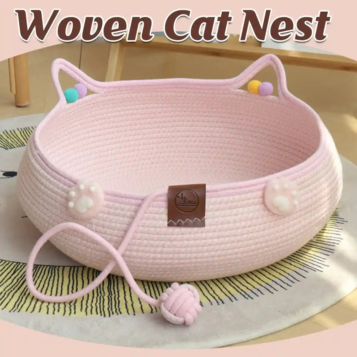 Hand-Woven Cotton Cat Nest Bed with Toy Ball for Kittens Pink