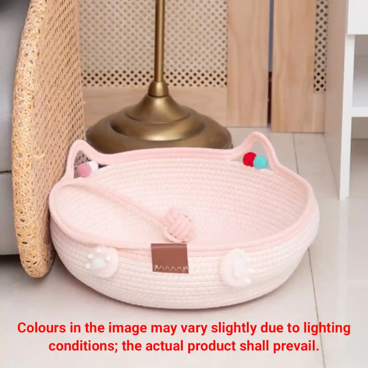 Hand-Woven Cotton Cat Nest Bed with Toy Ball for Kittens Pink
