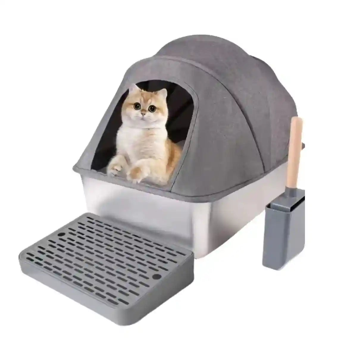 Stainless Steel Cat Litter Box with Covered Canopy & Anti-Tracking Mat