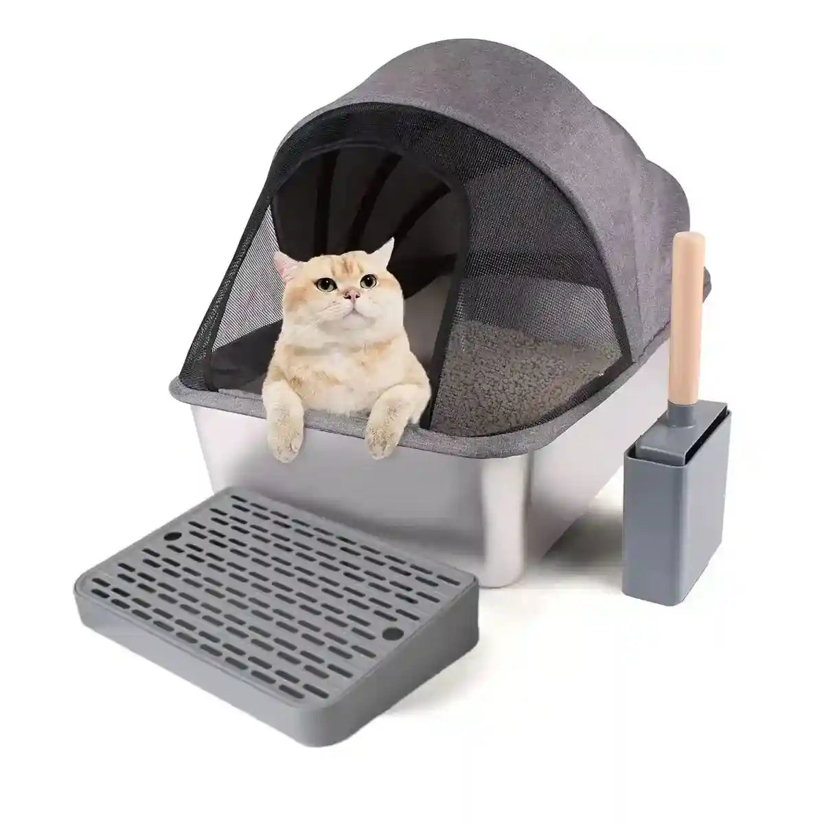 Stainless Steel Cat Litter Box with Covered Canopy & Anti-Tracking Mat