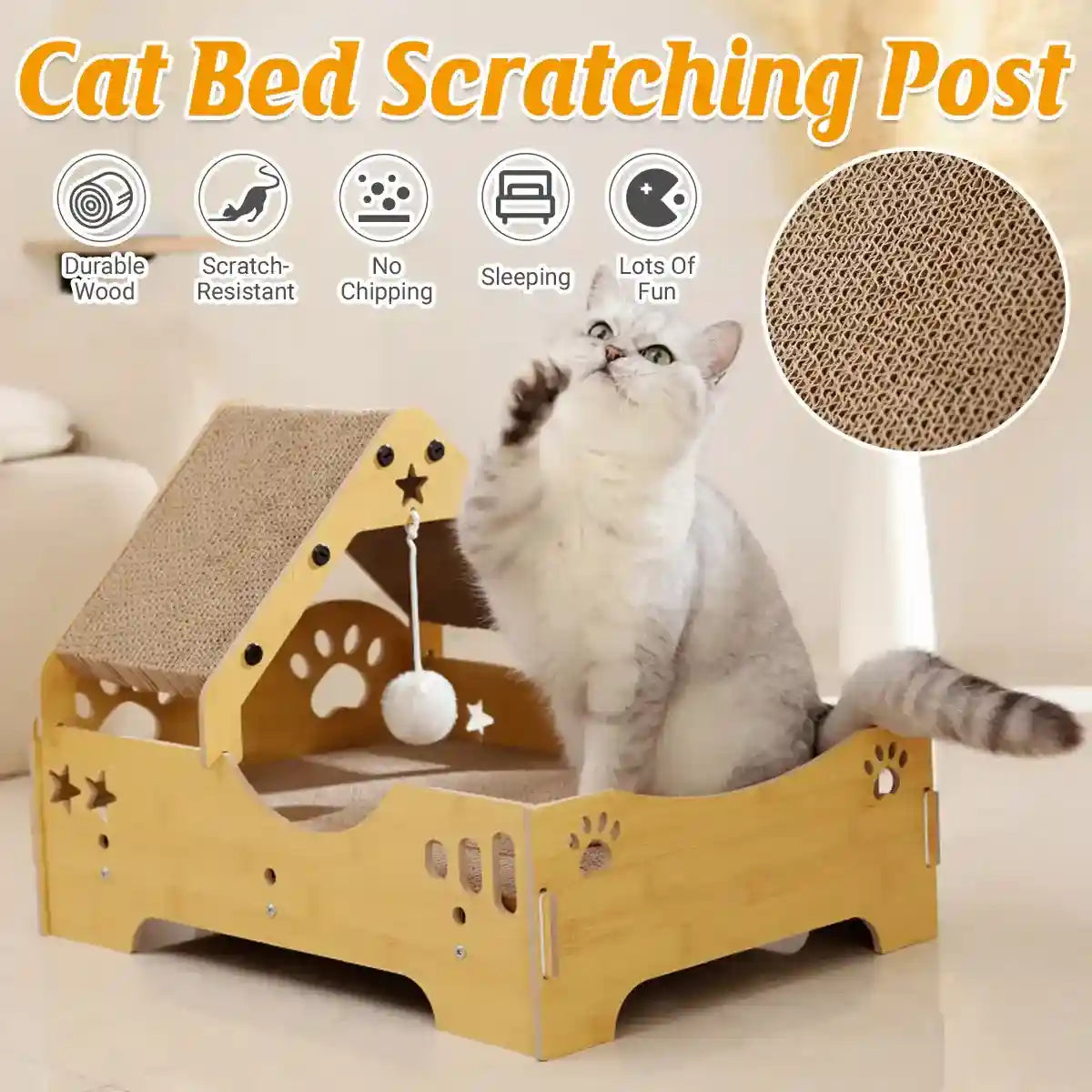 Wooden Cat Scratching Bed with Toy Durable Claw-Friendly Cat Lounge