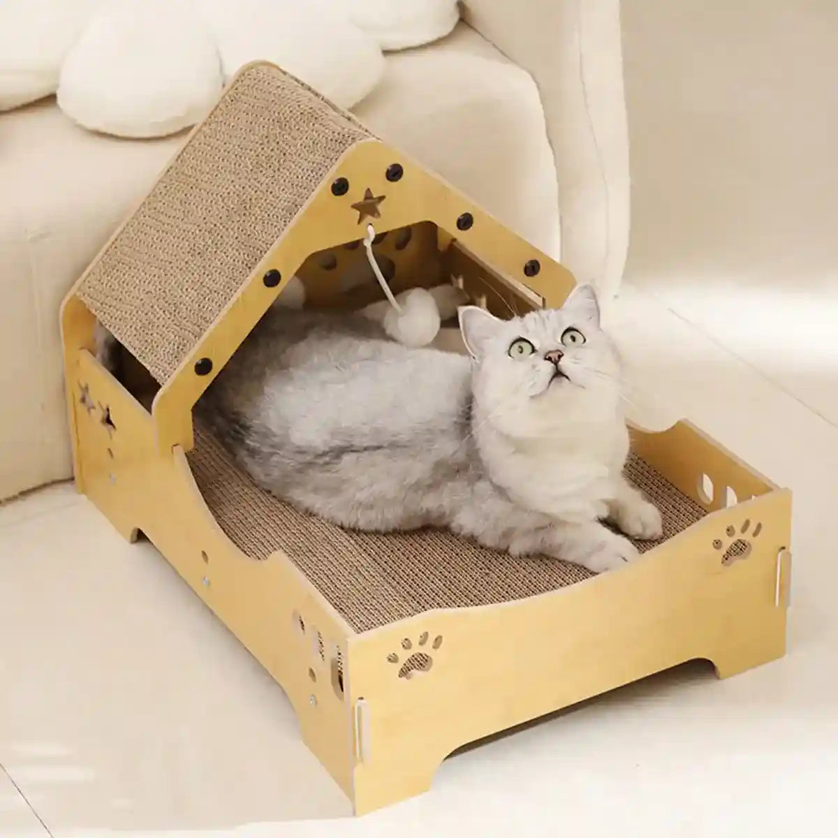 Wooden Cat Scratching Bed with Toy Durable Claw-Friendly Cat Lounge