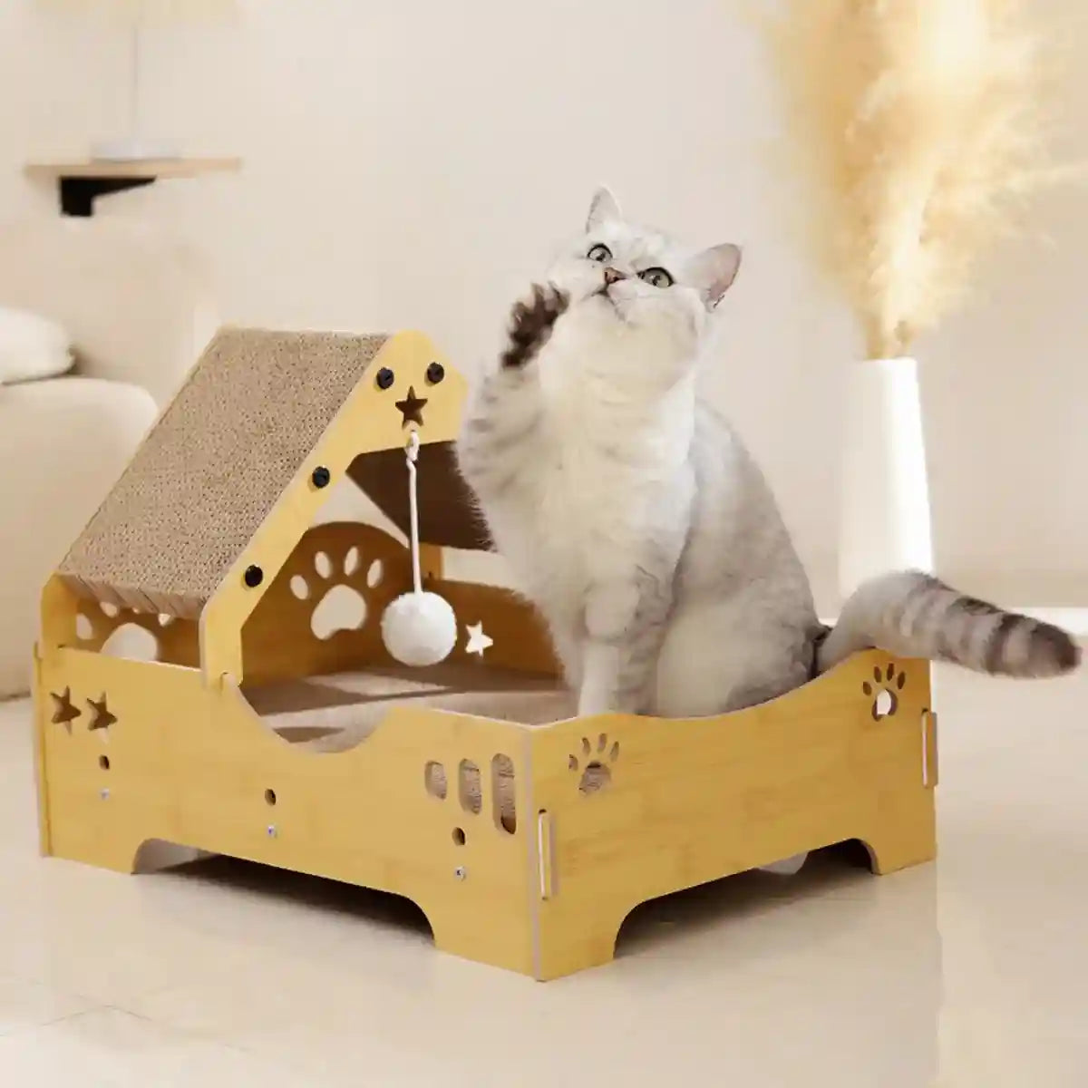 Wooden Cat Scratching Bed with Toy Durable Claw-Friendly Cat Lounge